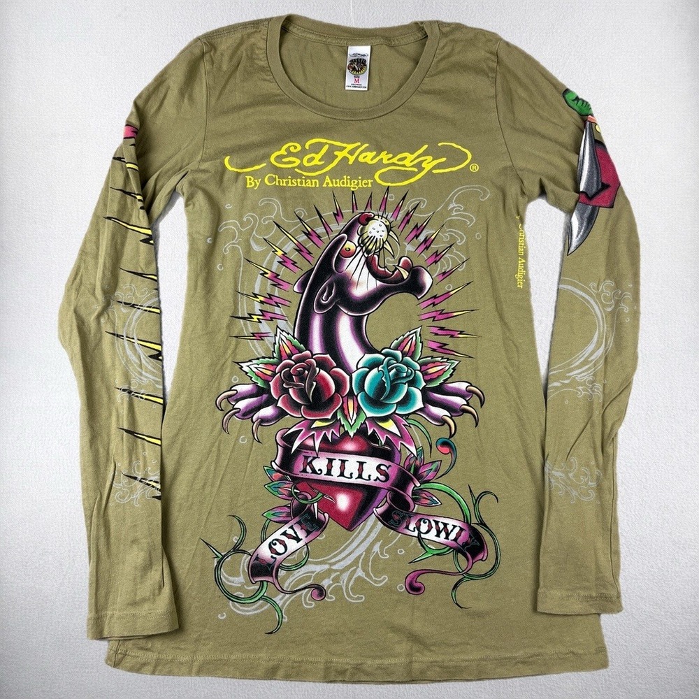 Ed Hardy Long Sleeve Women Medium Green Panther Love Kills Slowly Tattoo Graphic